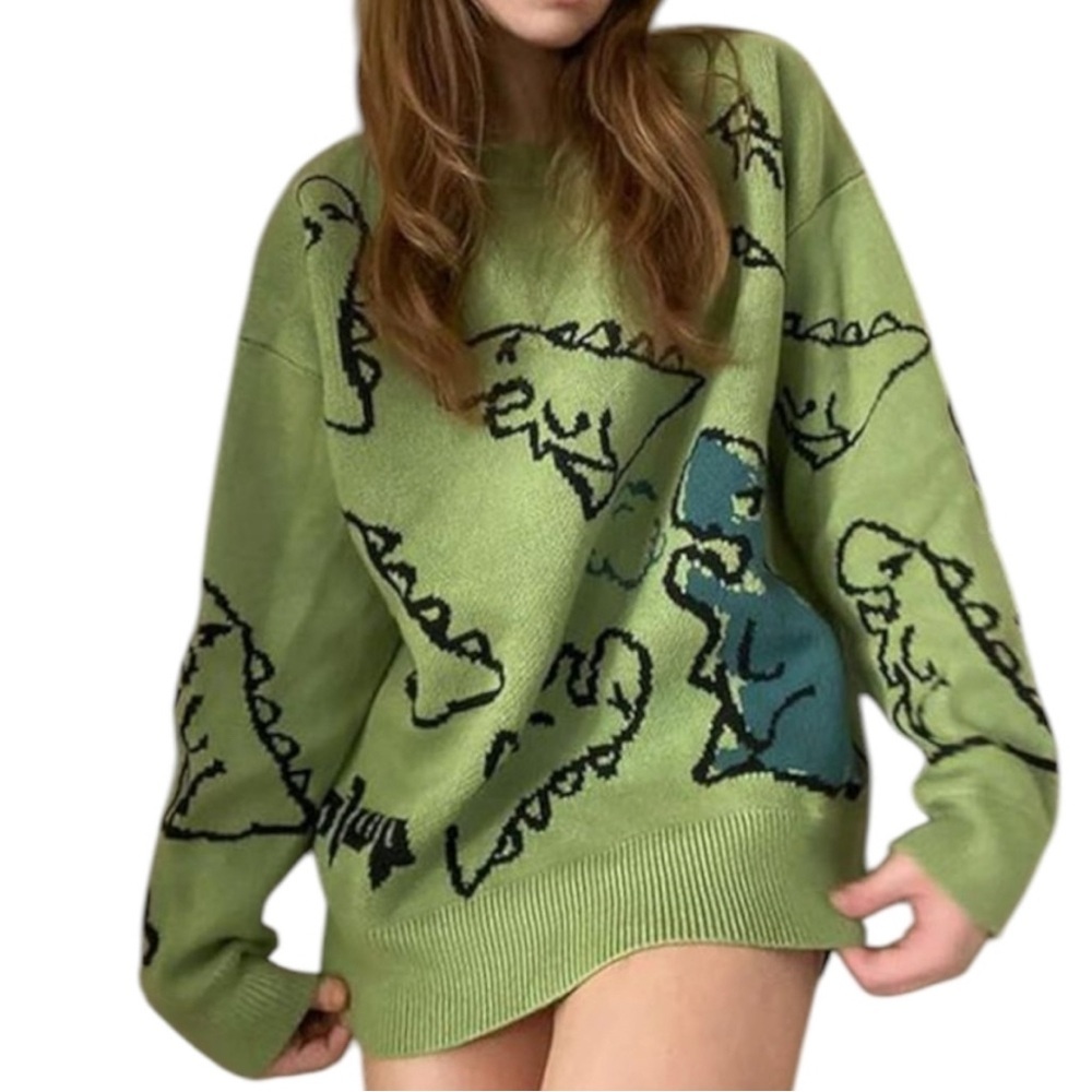 Aelfric Eden Dinosaur Sweater Green Oversized Graphic Knit Y2K Streetwear Sz M/L